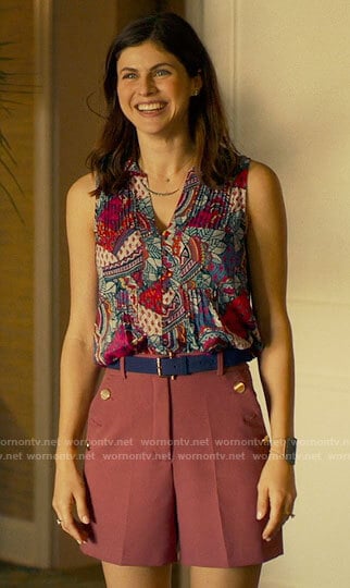 Rachel’s printed sleeveless top and pink shorts on The White Lotus