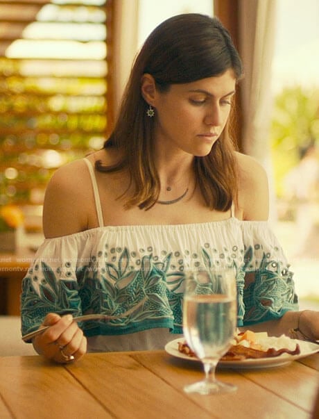 Rachel’s white and teal embroidered romper on The White Lotus