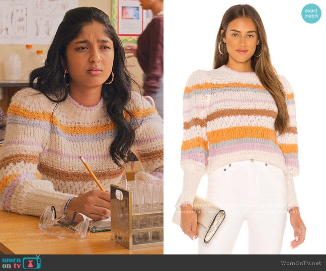Rebecca Taylor Fluffy Stripe Pullover worn by Devi Vishwakumar (Maitreyi Ramakrishnan) on Never Have I Ever