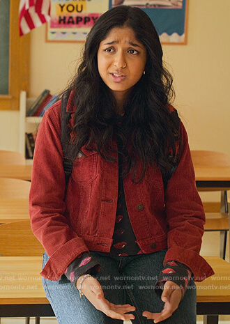 Devi’s red corduroy jacket and lip print tee on Never Have I Ever
