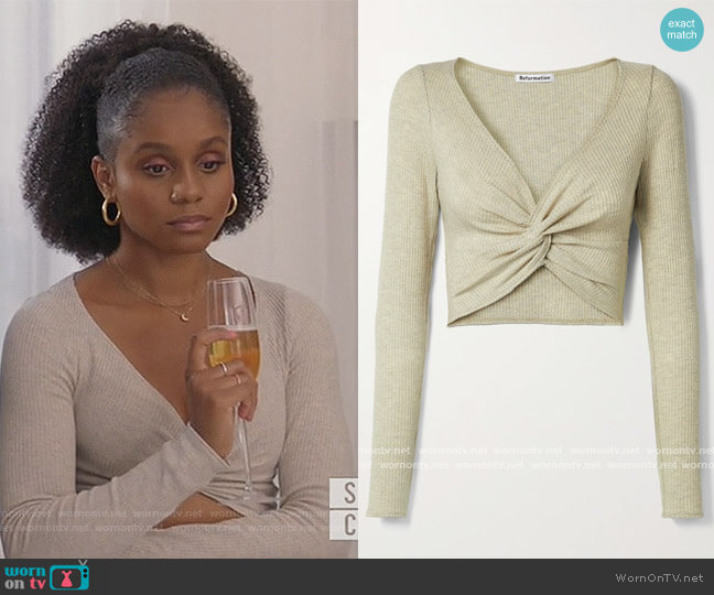 Reformation + NET SUSTAIN Loch cropped twist-front ribbed stretch-TENCEL Modal top worn by Simone Hicks (Geffri Maya) on All American