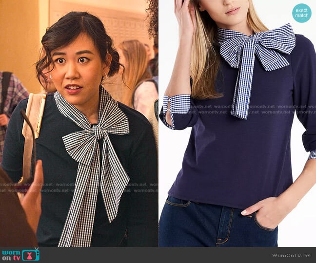 Riley & Rae Juliette Bow-Neck Gingham-Trim Top worn by Eleanor Wong (Ramona Young) on Never Have I Ever