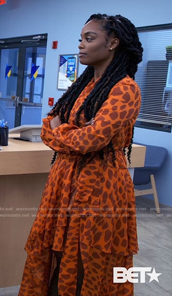 Sabrina’s orange giraffe print maxi dress on Tyler Perrys Sistas