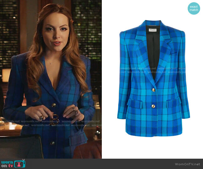 Saint Laurent Plaid Wool Blazer worn by Fallon Carrington (Elizabeth Gillies) on Dynasty