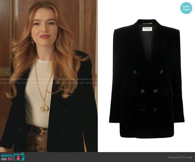 Saint Laurent Velvet Double Breasted Jacket worn by Kirby Anders (Maddison Brown) on Dynasty