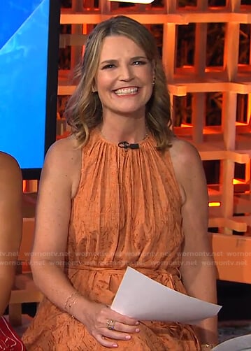 Savannah’s orange embroidered sleeveless dress on Today