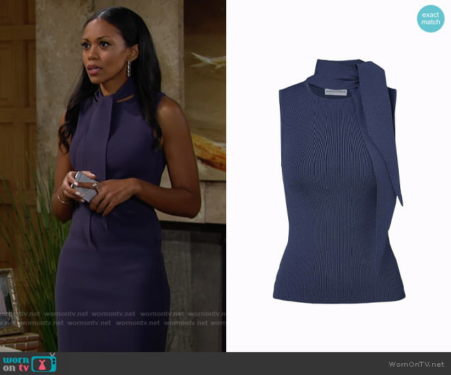 Scanlan Theodore Crepe Knit Sleeveless Cravat Tank in Slate worn by Amanda Sinclair (Mishael Morgan) on The Young and the Restless