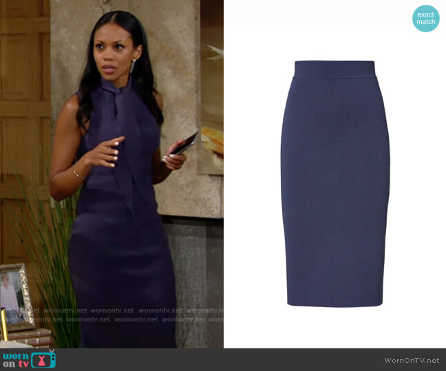 Scanlan Theodore Crepe Knit Slit Back Skirt in Slate worn by Amanda Sinclair (Mishael Morgan) on The Young and the Restless