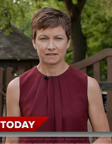 Stephanie’s burgundy pleated neck sleeveless top on Today