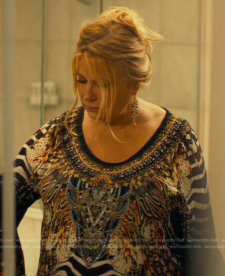 Tanya’s embellished animal print dress on The White Lotus