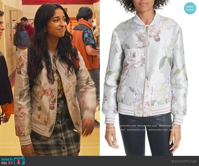 Ted Baker Marniie Iguazu Jacquard Bomber Jacket worn by Devi Vishwakumar (Maitreyi Ramakrishnan) on Never Have I Ever