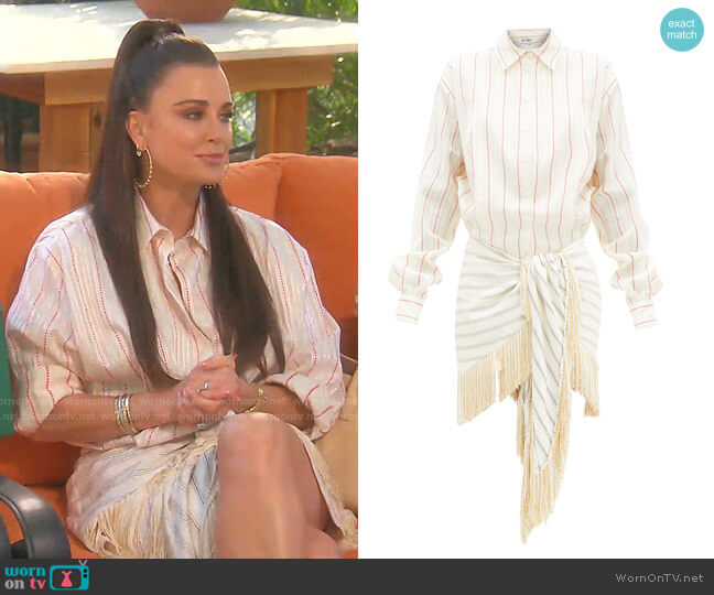The Attico Knotted Striped Cotton-Blend Shirt Dress worn by Kyle Richards on The Real Housewives of Beverly Hills