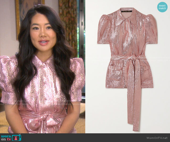 The Vampire's Wife Belted Wool-Blend Lamé Blouse worn by Crystal Kung Minkoff on The Real Housewives of Beverly Hills