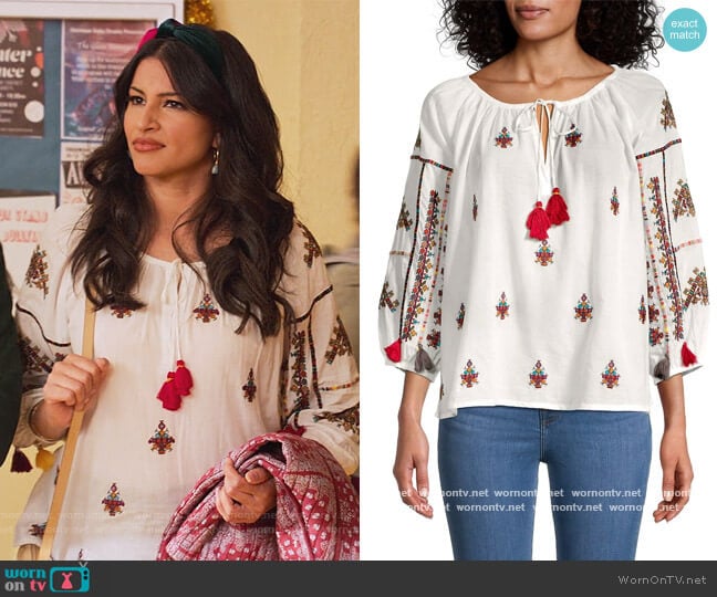 Velvet Nyssa Embroidered Tassel-Tie Top worn by Nalini Vishwakumar (Poorna Jagannathan) on Never Have I Ever