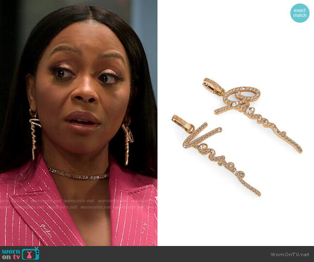 Versace Signature Goldtone Crystal Huggie Drop Earrings worn by Renee Ross (Bresha Webb) on Run the World