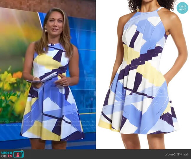 Vince Camuto Abstract Print Halter Neck Fit & Flare Dress worn by Ginger Zee on Good Morning America