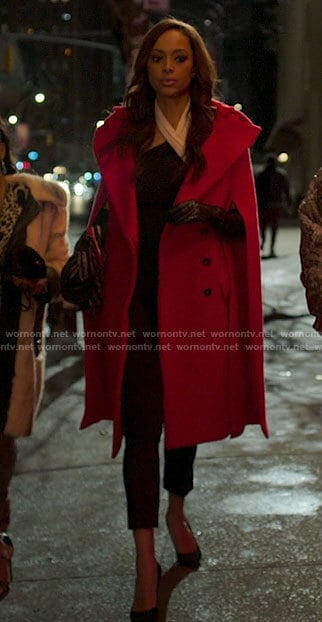 Whitney’s red cape sleeve coat on Run the World