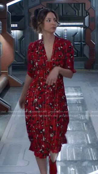 Zari’s red floral v-neck dress on Legends of Tomorrow