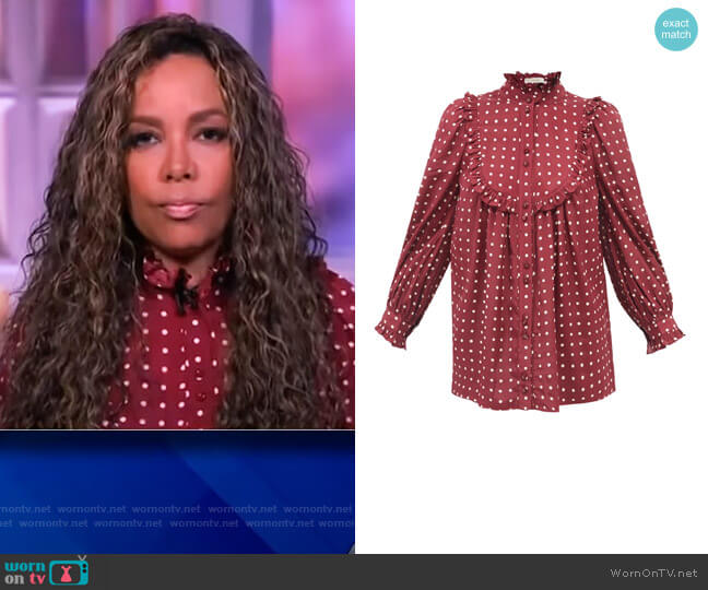 Zimmermann Ruffled high-neck polka-dot satin blouse worn by Sunny Hostin on The View