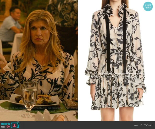 Zimmermann Ladybeetle Tie Neck Mini Dress worn by Nicole Mossbacher (Connie Britton) on The White Lotus
