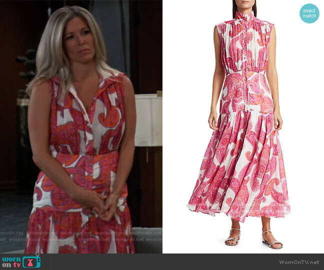 Zimmermann Peggy Sleeveless Paisley-Print Midi Shirtdress worn by Carly Spencer (Laura Wright) on General Hospital