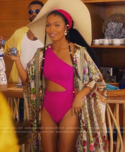 Zoey’s pink button embellished swimsuit on Grown-ish