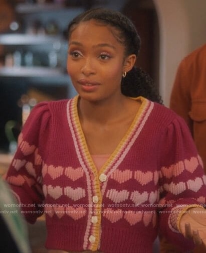 Zoey’s pink heart print cardigan on Grown-ish