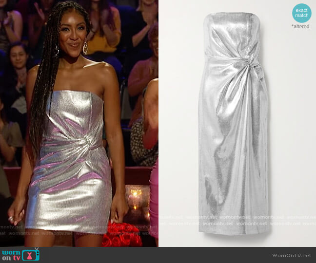 16Arlington Himawari strapless knotted sequined crepe midi dress worn by Tayshia Adams on The Bachelorette