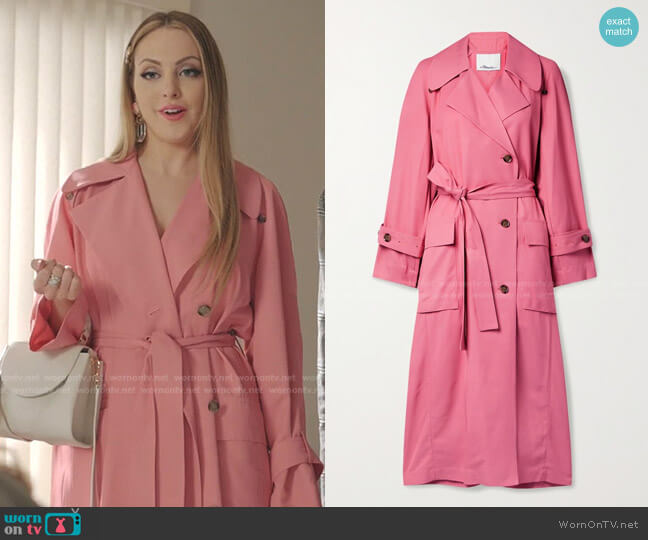 3.1 Phillip Lim Flou Belted Double-Breasted Twill Trench Coat worn by Fallon Carrington (Elizabeth Gillies) on Dynasty