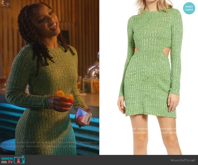 AFRM Dove Cutout Long Sleeve Ribbed Sweater Dress worn by Jazlyn Forster (Chloe Bailey) on Grown-ish