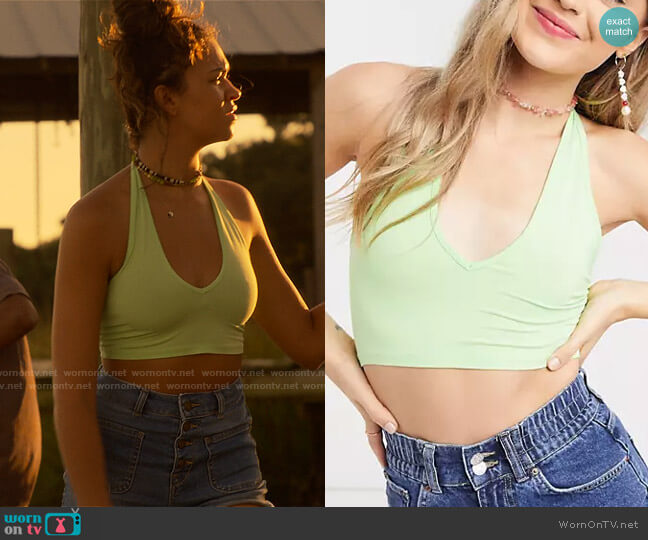 Asos Design Halter Neck Crop Top in Soft Green worn by Kiara Carrera (Madison Bailey) on Outer Banks