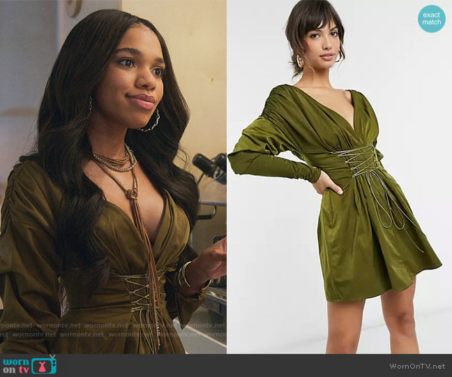 ASOS Off-the-shoulder ruched Mini Dress with lace up detail worn by Zelda Grant (Teala Dunn) on Good Trouble