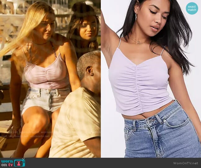 Asos Design Crop Cami with Ruched Front with Skinny Straps in Lilac worn by Sarah Cameron (Madelyn Cline) on Outer Banks