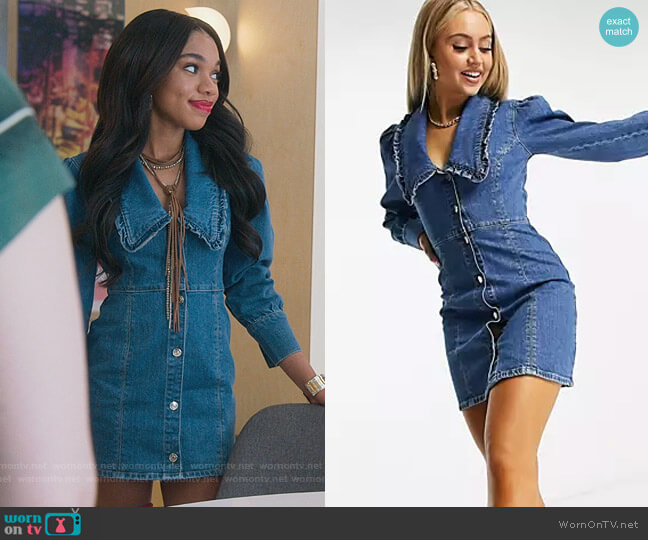 ASOS Frill Collar Denim Mini Dress worn by Zelda Grant (Teala Dunn) on Good Trouble