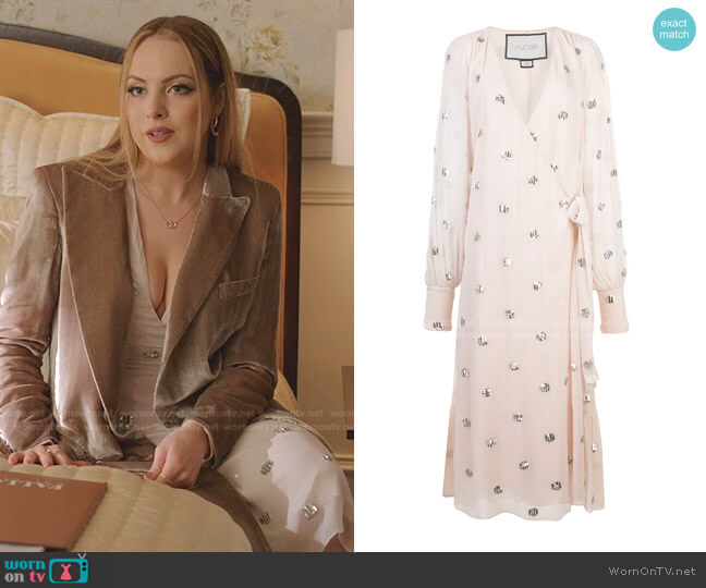 Alexis Roksana Embroidered Georgette Wrap Dress worn by Fallon Carrington (Elizabeth Gillies) on Dynasty
