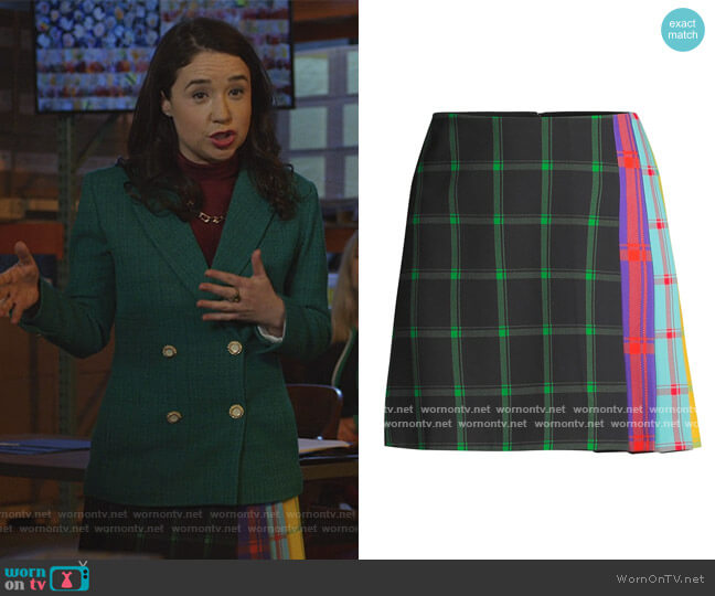 Alice + Olivia Semira Multicolor Side-Pleat Plaid Mini A-Line Skirt worn by Marissa Gold (Sarah Steele) on The Good Fight