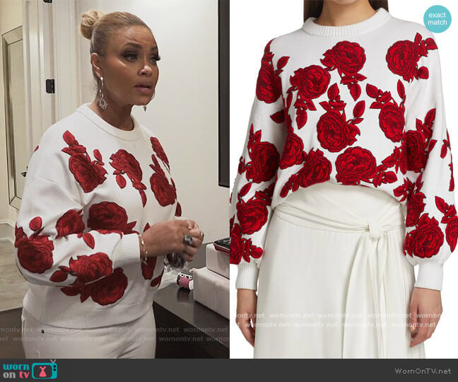 Alice + Olivia Carwen Embroidered Balloon-Sleeve Knit Sweater worn by Gizelle Bryant on The Real Housewives of Potomac