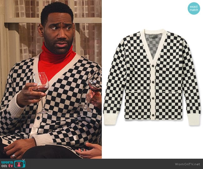 Amiri Checked Cardigan worn by Moz McKellan (Anthony Alabi) on Family Reunion