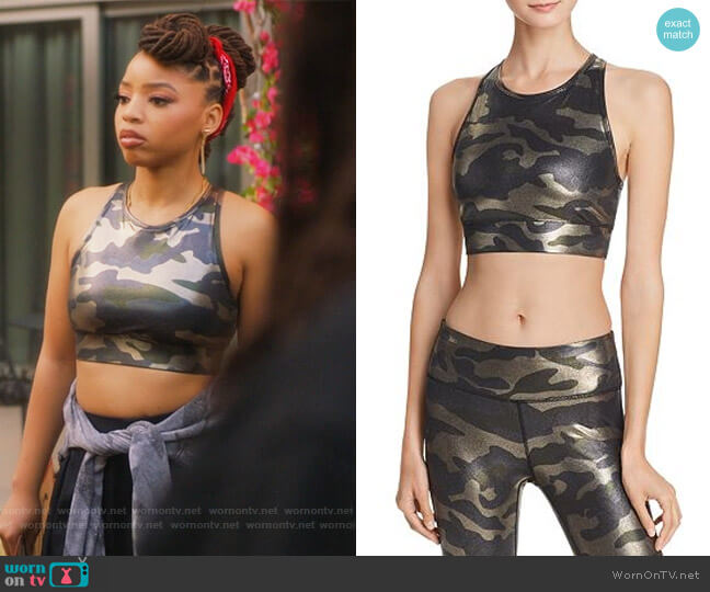 AQUA Athletic Metallic Camo Sports Bra worn by Jazlyn Forster (Chloe Bailey) on Grown-ish