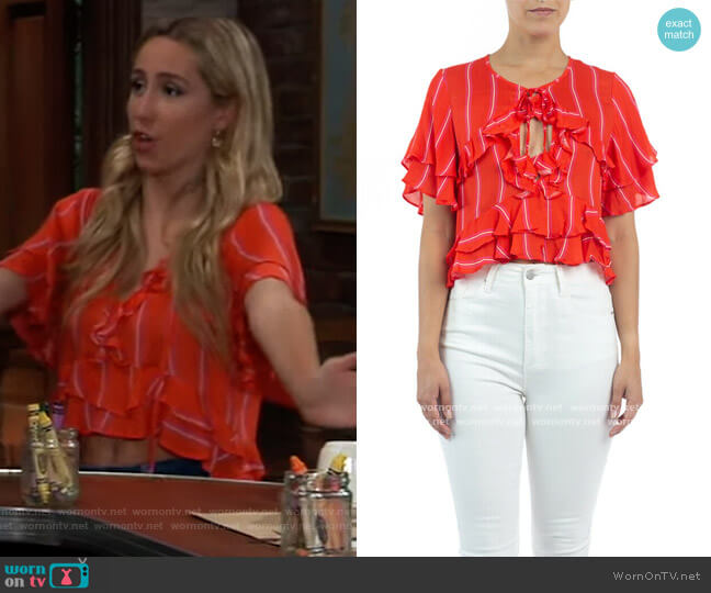 BTFL Life Red Striped Double Ruffle Round Neck Short Sleeve Crop Top worn by Josslyn Jacks (Eden McCoy) on General Hospital
