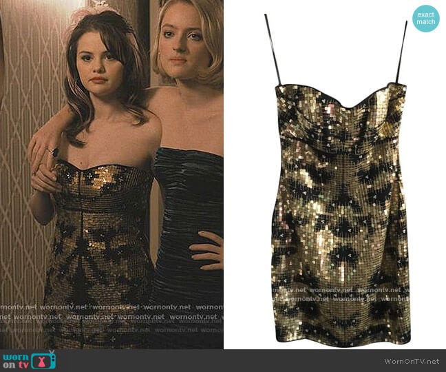 Badgley Mischka Black Gold Strapless Mini Sequin Night Out Dress worn by Mabel Mora (Selena Gomez) on Only Murders in the Building