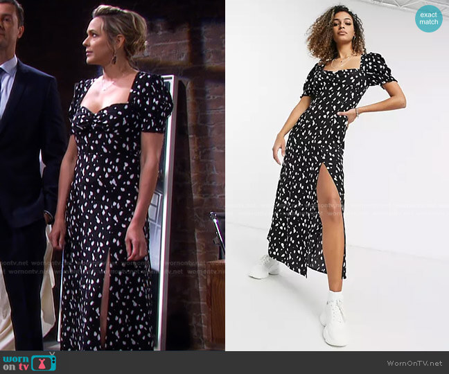 Bardot Puff Sleeve Midi Dress with Thigh Split worn by Nicole Walker (Arianne Zucker) on Days of our Lives