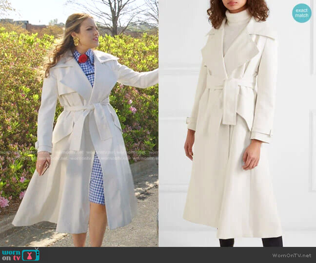 Sara Battaglia Belted Faux Leather Trench Coat worn by Fallon Carrington (Elizabeth Gillies) on Dynasty