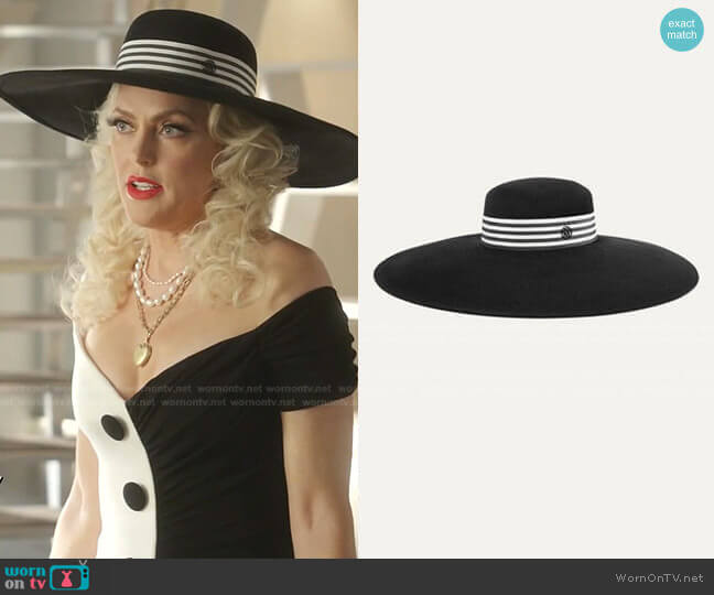 Maison Michel Bianca Striped Hat worn by Alexis Carrington (Elaine Hendrix) on Dynasty