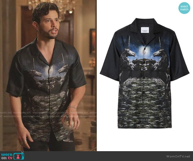 Burberry Rockwood Unicorn Meadow Print Silk Bowling Shirt worn by Sam Flores (Rafael de la Fuente) on Dynasty