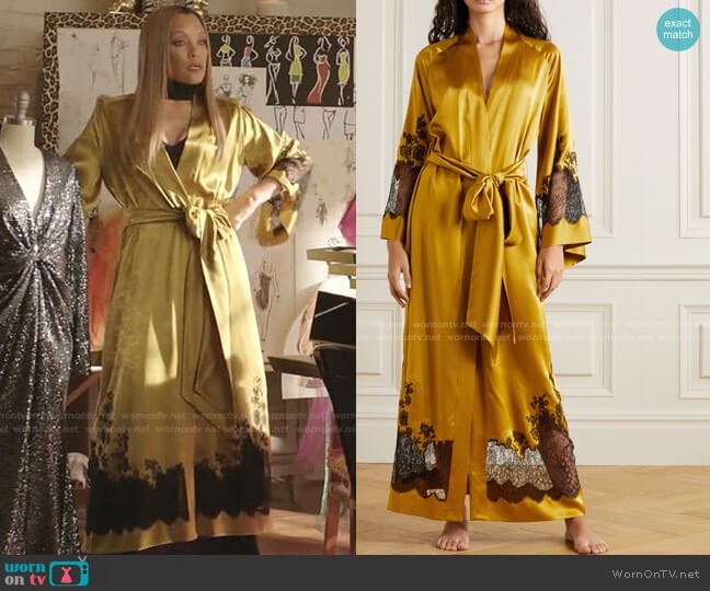 Carine Gilson Belted Chantilly Lace-Trimmed Silk-Satin Robe worn by Dominique Deveraux (Michael Michele) on Dynasty