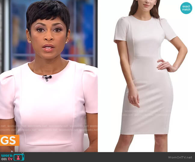 Calvin Klein Puff-Sleeve Sheath Dress in Blossom worn by Jericka Duncan on CBS Mornings