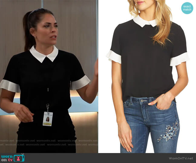 CeCe Color Blocked Collared Blouse worn by Britt Westbourne (Kelly Thiebaud) on General Hospital