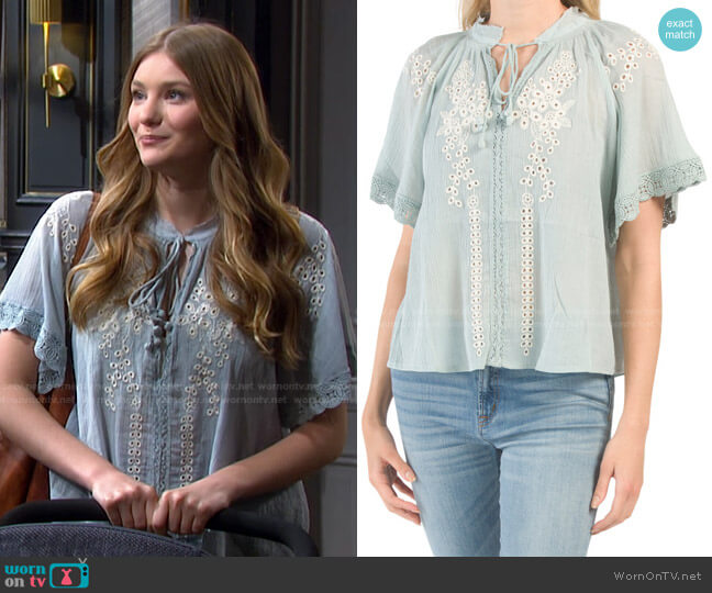Chelsea & Theodore Short Sleeve Embroidered Blouse worn by Alice Caroline Horton (Lindsay Arnold) on Days of our Lives