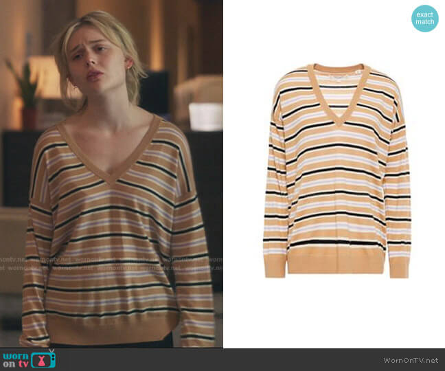 Chinti & Parker Striped Intarsia Wool and Cashmere-Vlend V-Neck Sweater worn by Audrey Hope (Emily Alyn Lind) on Gossip Girl
